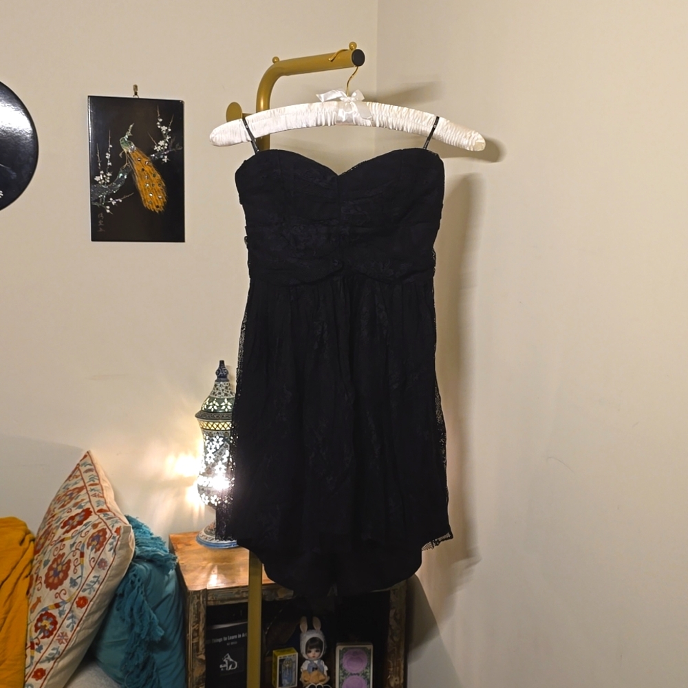 Black lacy strapless mini dress